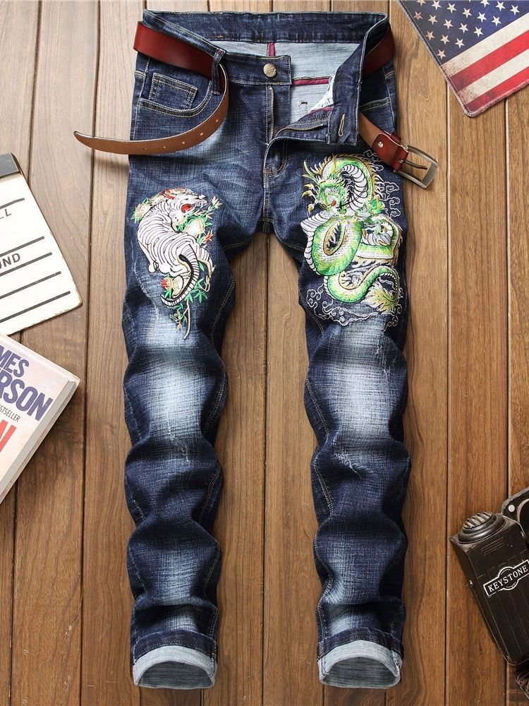 Broderi Color Block Zipper Mode Jeans