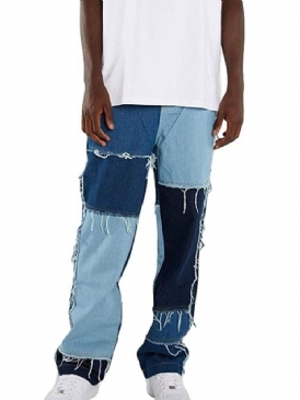 Color Block Patchwork Hip Hop Dragkedja Herr Jeans