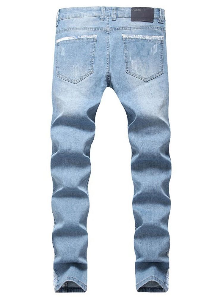 Färgblock Slitna Jeans Med Mid Midja För Män