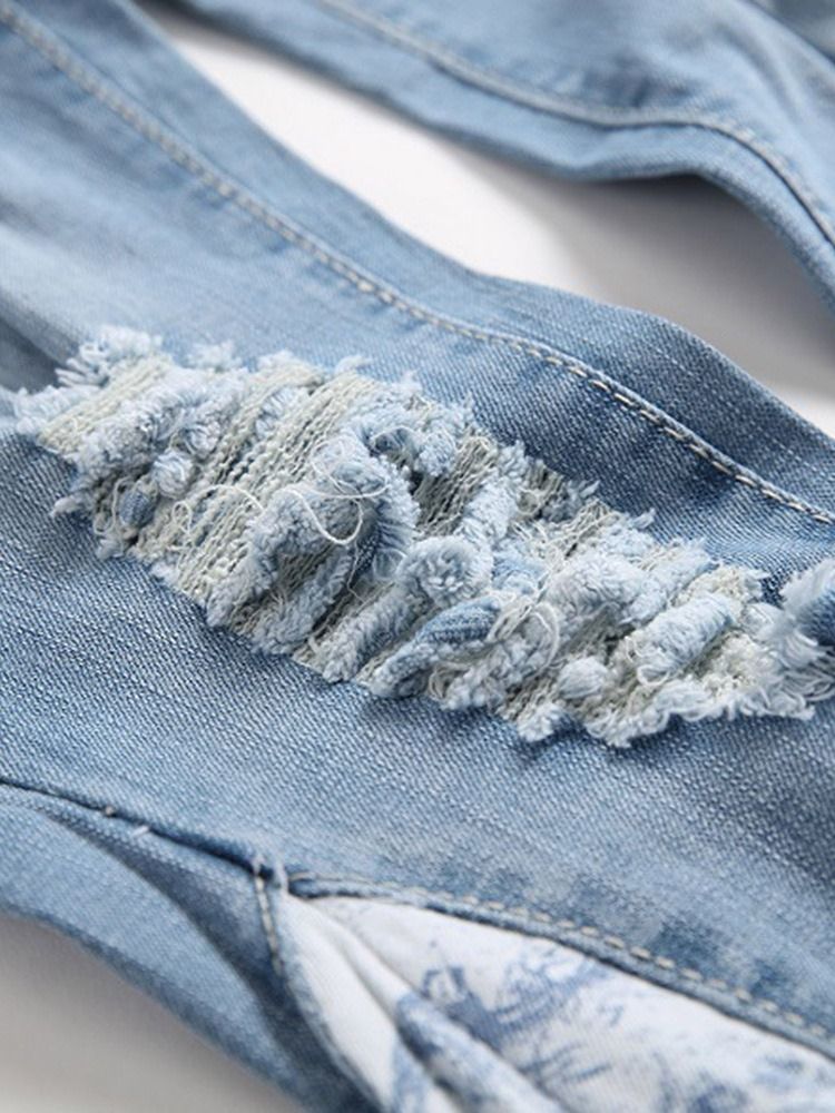 Färgblock Slitna Jeans Med Mid Midja För Män