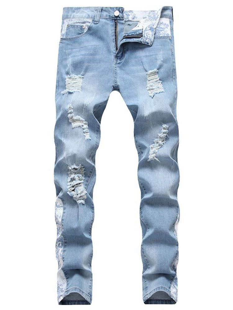 Färgblock Slitna Jeans Med Mid Midja För Män