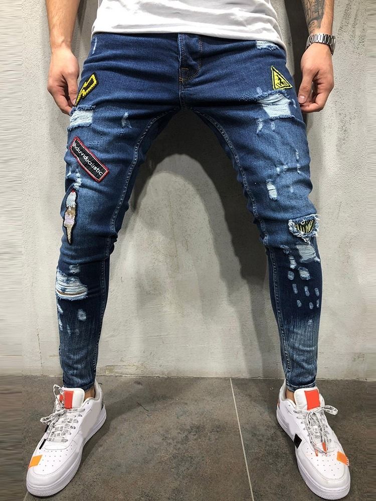 Hål Pencil Byxor Color Block Dragkedja Mid Waist Jeans För Män