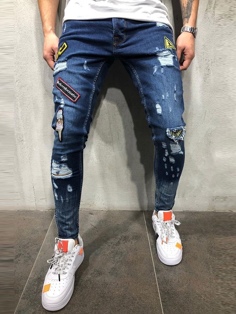 Hål Pencil Byxor Color Block Dragkedja Mid Waist Jeans För Män