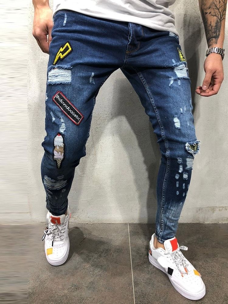 Hål Pencil Byxor Color Block Dragkedja Mid Waist Jeans För Män