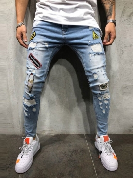 Hål Pencil Byxor Color Block Dragkedja Mid Waist Jeans För Män