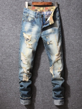 Hål Pencil Byxor Color Block Gradient Dragkedja Mid Waist Jeans