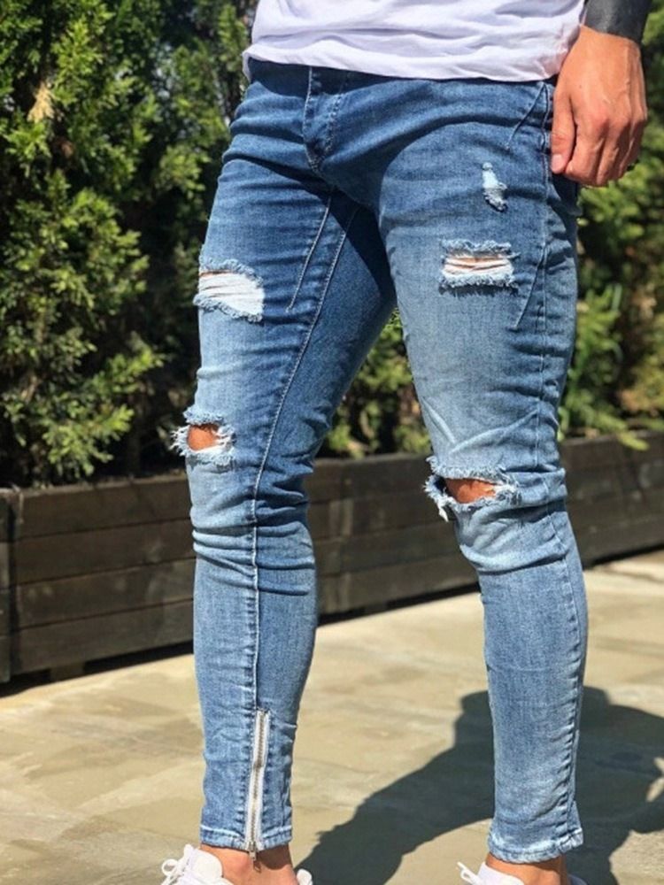 Hål Pencil Byxor Dragkedja Full Längd Herr Casual Jeans