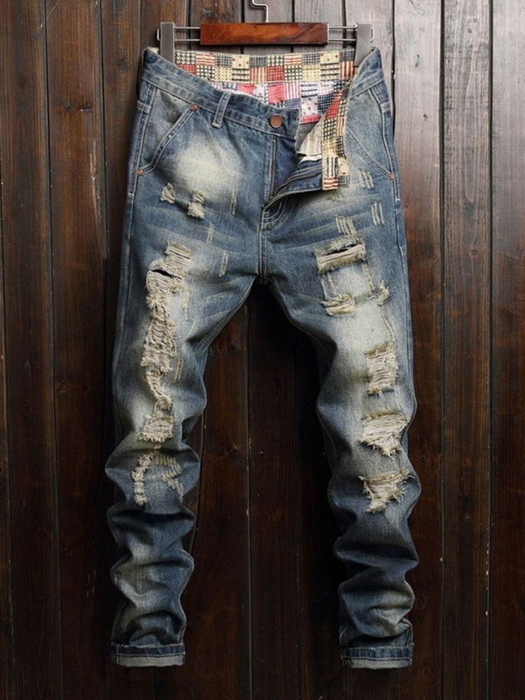 Hål Pencil Byxor Dragkedja Mid Waist Jeans