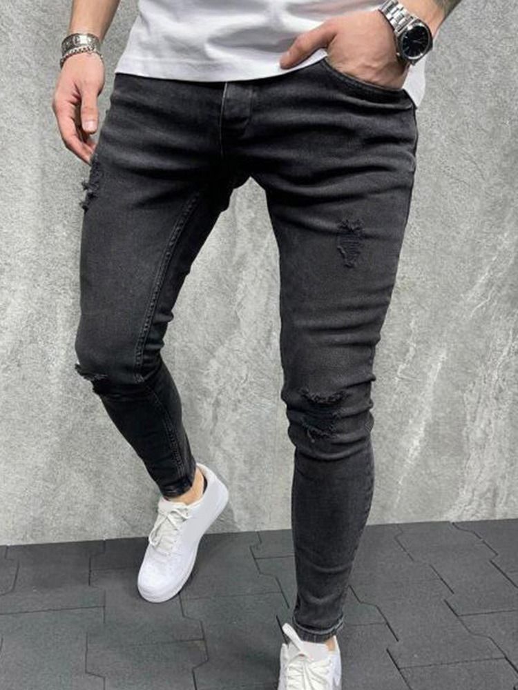 Hål Pencil Byxor Vanlig Dragkedja Mid Waist Casual Jeans