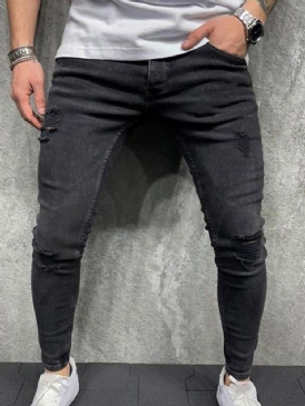 Hål Pencil Byxor Vanlig Dragkedja Mid Waist Casual Jeans