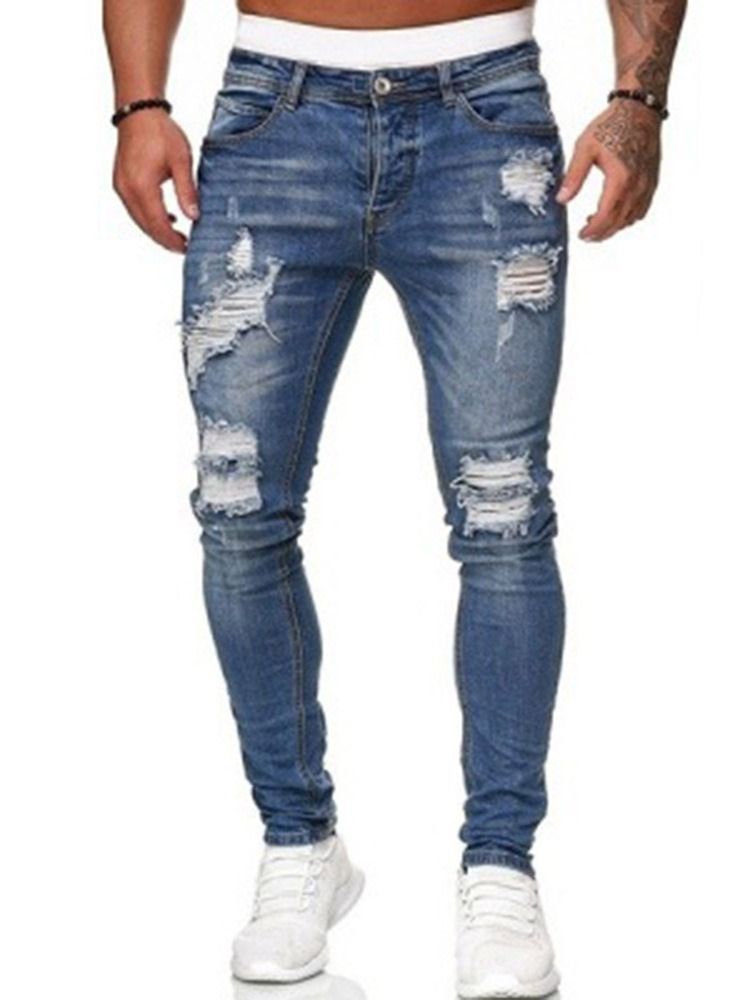 Hål Pencil Byxor Vanligt Ljus Dragkedja Mid Waist Herr Jeans