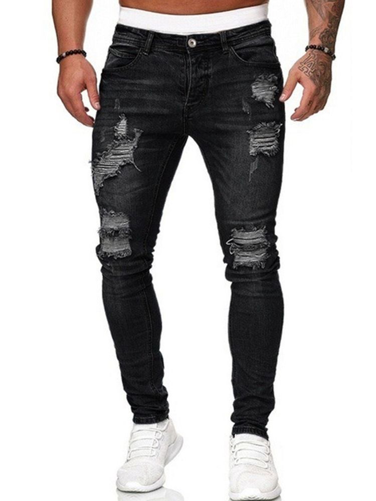 Hål Pencil Byxor Vanligt Ljus Dragkedja Mid Waist Herr Jeans