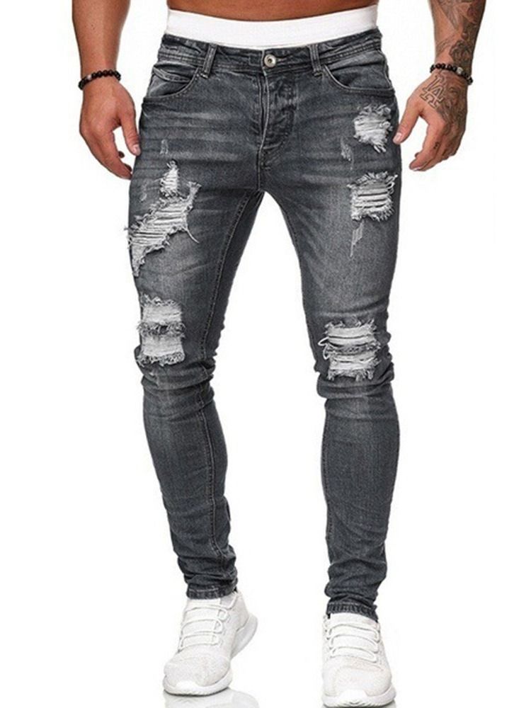 Hål Pencil Byxor Vanligt Ljus Dragkedja Mid Waist Herr Jeans