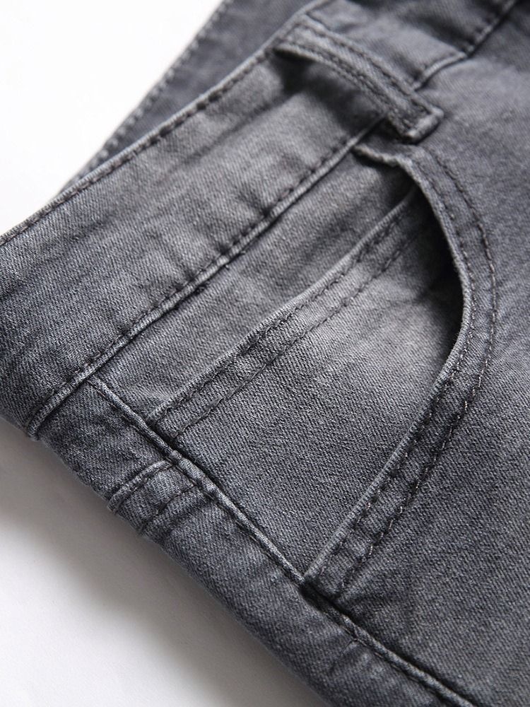 Hål Pencil Byxor Vanligt Ljus Dragkedja Mid Waist Herr Jeans