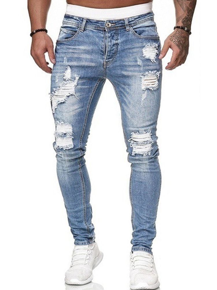 Hål Pencil Byxor Vanligt Ljus Dragkedja Mid Waist Herr Jeans