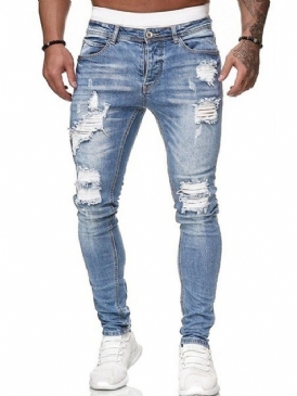 Hål Pencil Byxor Vanligt Ljus Dragkedja Mid Waist Herr Jeans