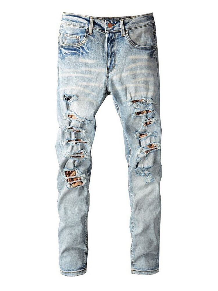 Hål Rak Dragkedja Mid Midja Casual Jeans