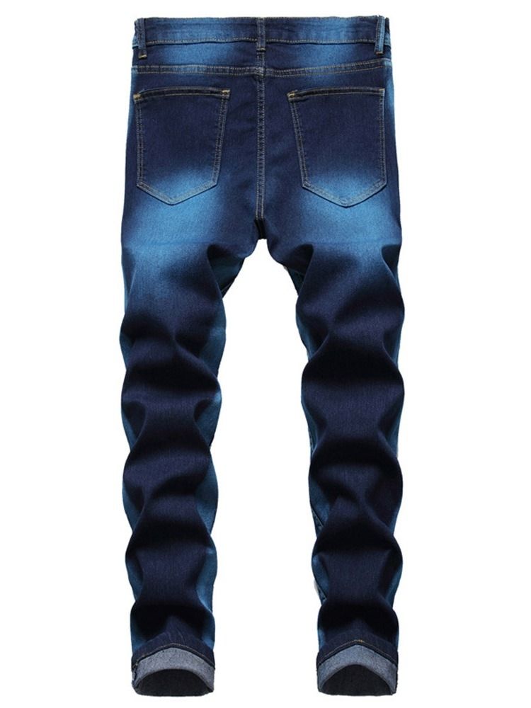 Hål Rak Dragkedja Mid Midja Slim Jeans För Män