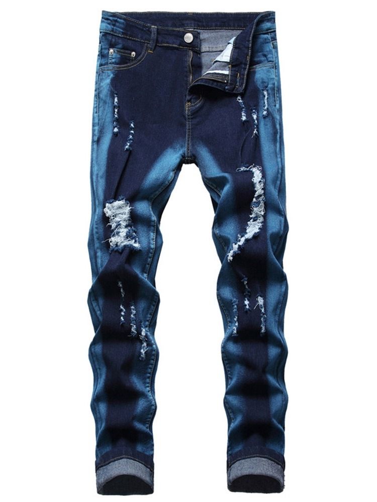 Hål Rak Dragkedja Mid Midja Slim Jeans För Män