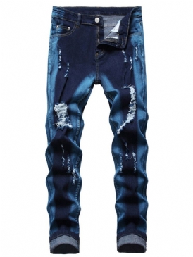 Hål Rak Dragkedja Mid Midja Slim Jeans För Män