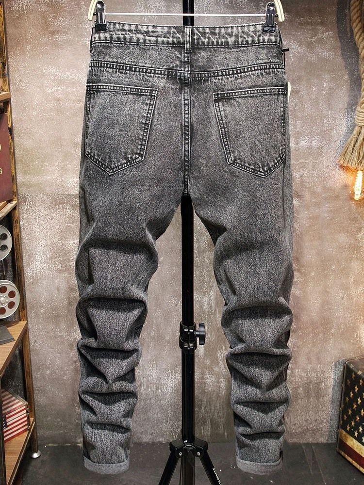 Hål Rak Vanlig Dragkedja Mid Waist Jeans För Män