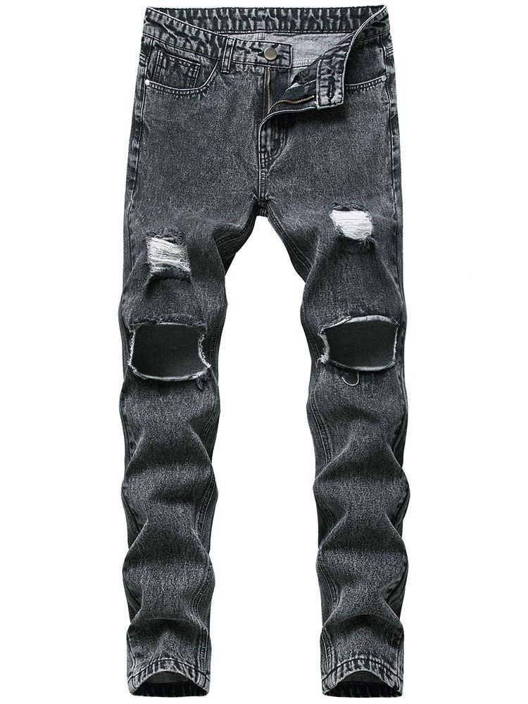 Hål Rak Vanlig Dragkedja Mid Waist Jeans För Män