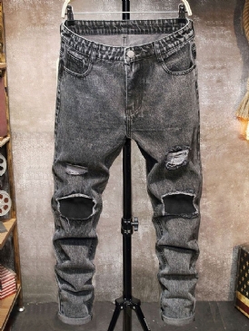 Hål Rak Vanlig Dragkedja Mid Waist Jeans För Män