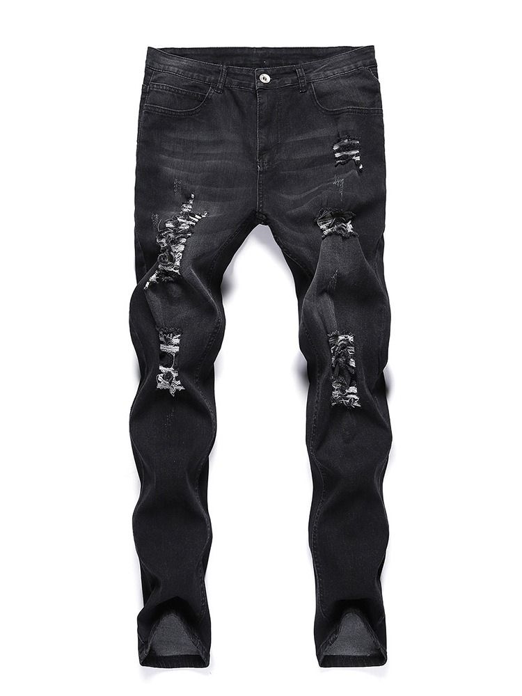 Hål Vanliga Pencil Byxor Casual Mid Waist Jeans