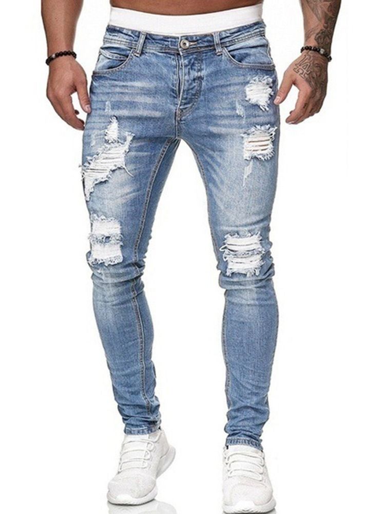 Hål Vanliga Pencil Byxor Casual Mid Waist Jeans