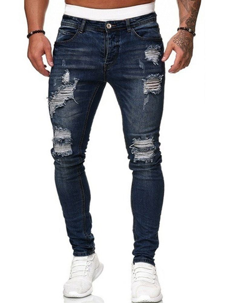 Hål Vanliga Pencil Byxor Casual Mid Waist Jeans