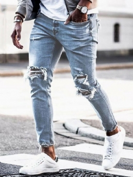 Hål Vanliga Pencil Byxor Mid Waist Män Casual Jeans