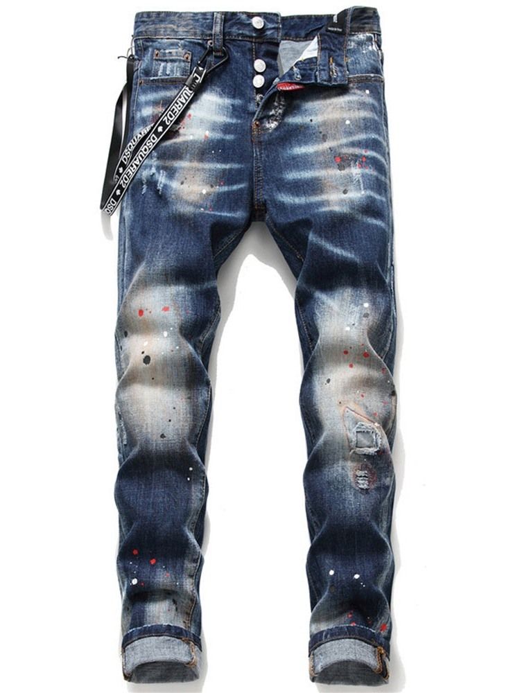 Paint Splatters Straight Mid Midja Knapp Jeans