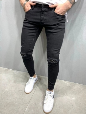 Patchwork Pencil Pants Mid Waist Zipper Jeans