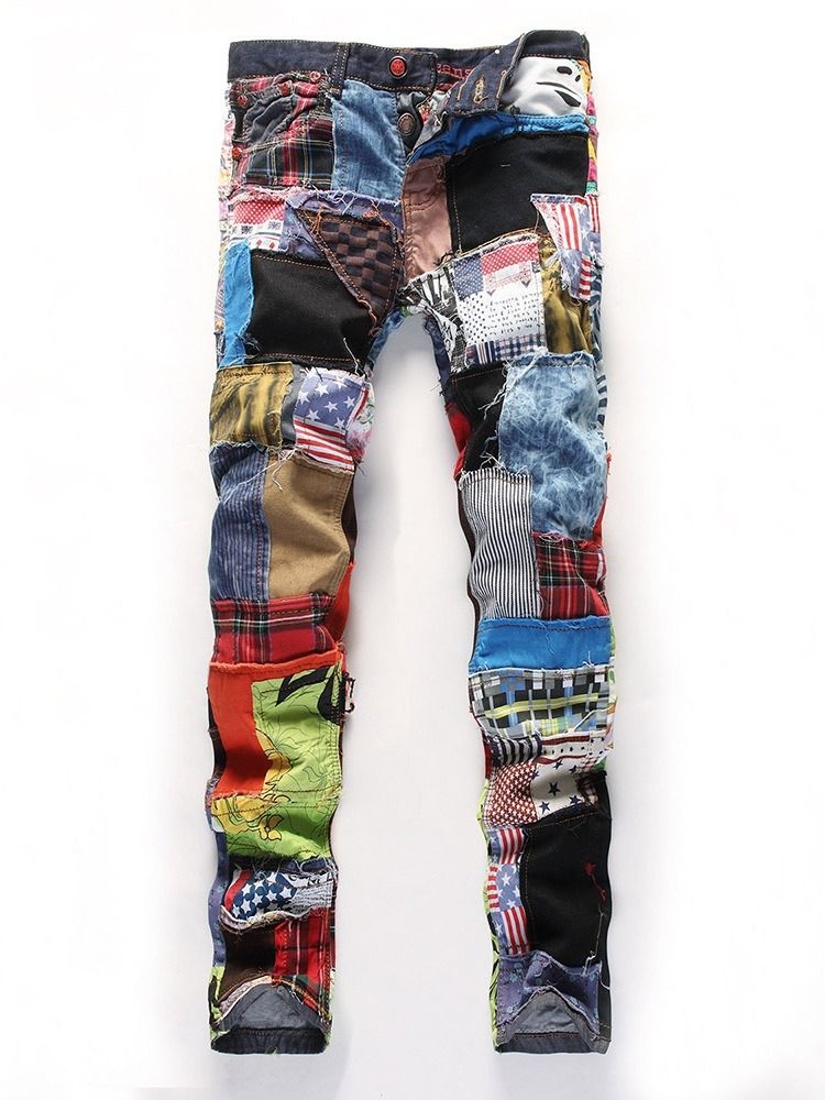 Patchwork Rak Color Block Zipper Mid Waist Jeans