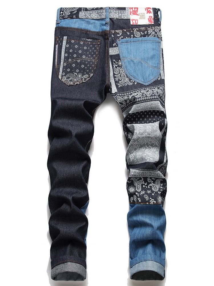 Patchwork Raka Blommiga Jeans Med Mid Midja Med Dragkedja