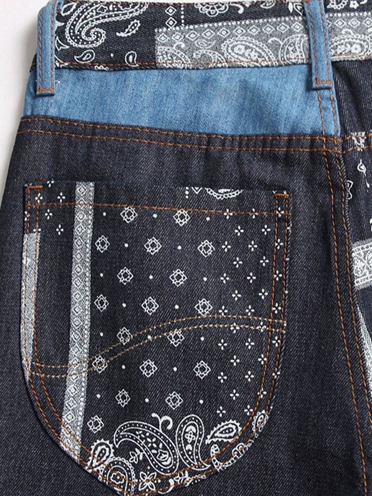 Patchwork Raka Blommiga Jeans Med Mid Midja Med Dragkedja