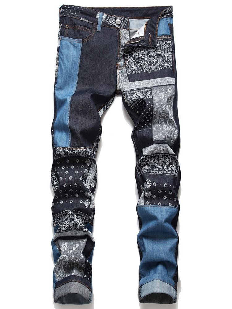 Patchwork Raka Blommiga Jeans Med Mid Midja Med Dragkedja