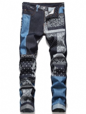 Patchwork Raka Blommiga Jeans Med Mid Midja Med Dragkedja