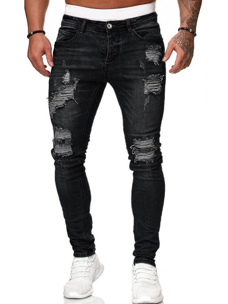 Pencil Byxor Hål Mid Waist Dragkedja Herr Jeans