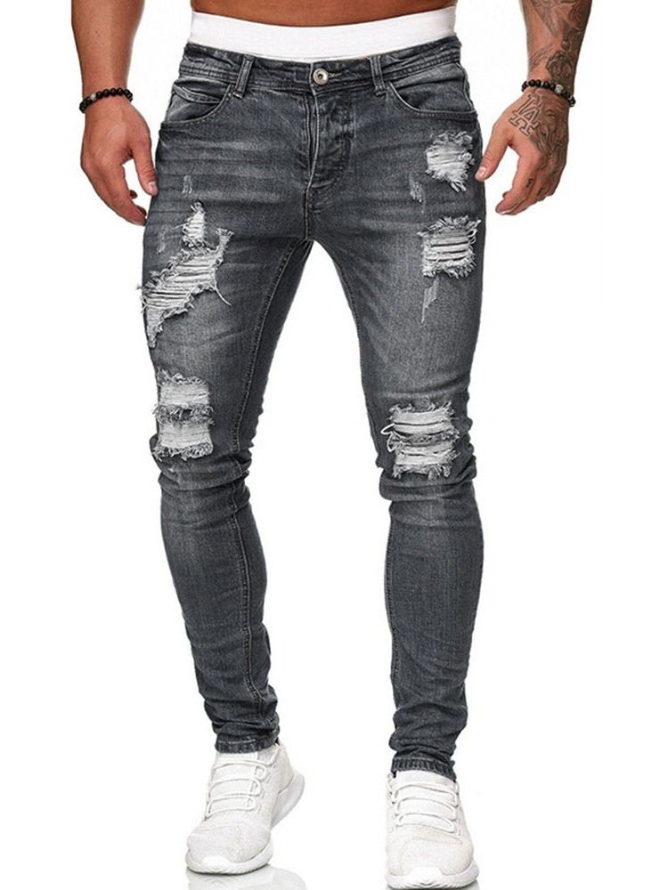 Pencil Byxor Hål Mid Waist Dragkedja Herr Jeans