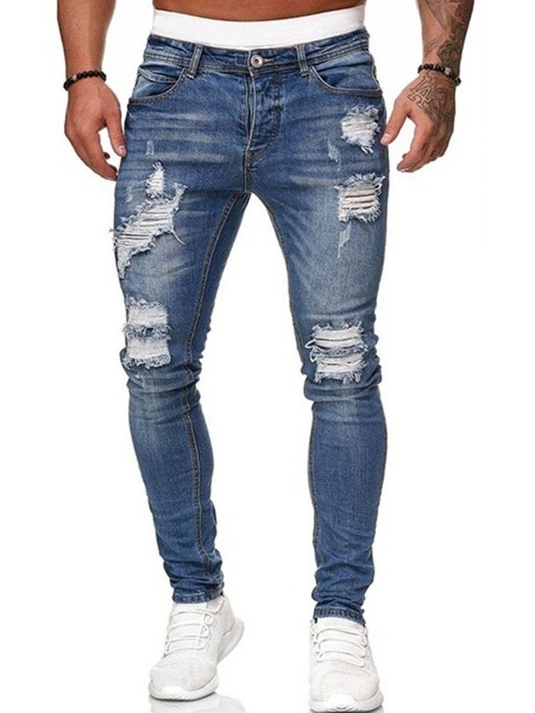 Pencil Byxor Hål Mid Waist Dragkedja Herr Jeans