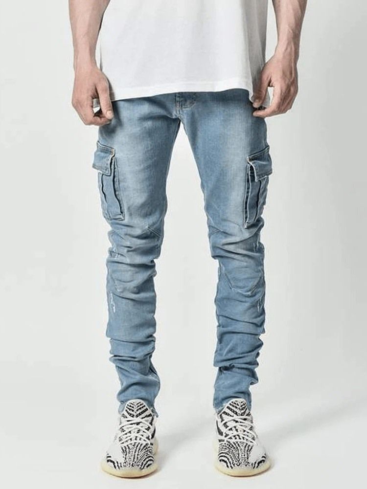 Pencil Pants Plain Pocket Mid Waist Casual Mäns Jeans