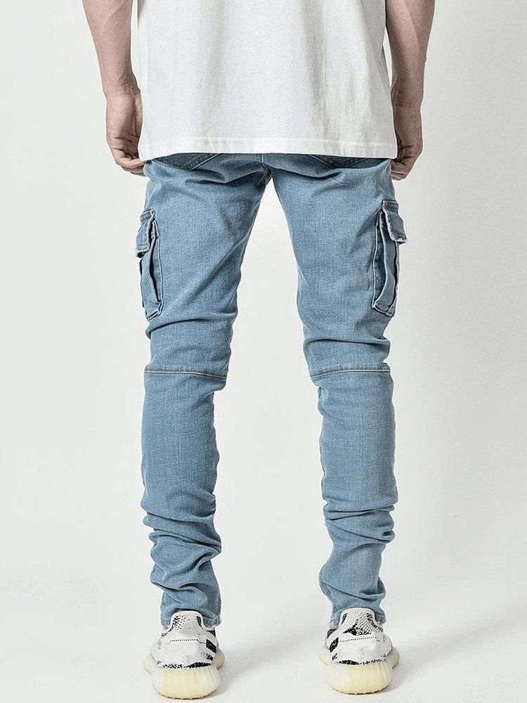 Pencil Pants Plain Pocket Mid Waist Casual Mäns Jeans