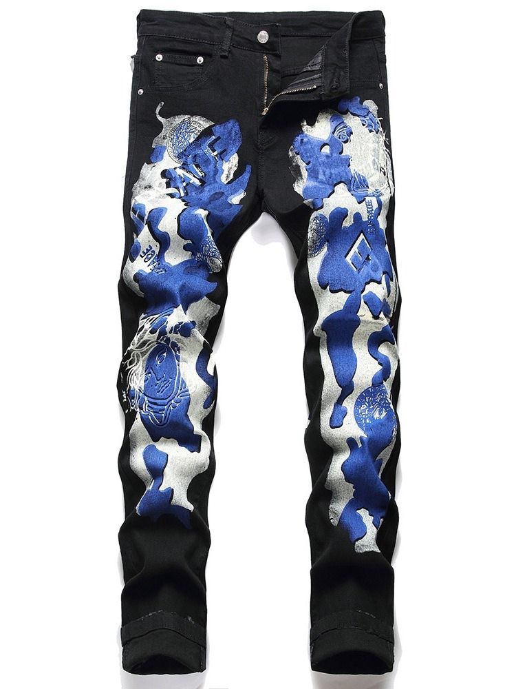 Print Rak Bokstav Dragkedja Mid Waist Jeans