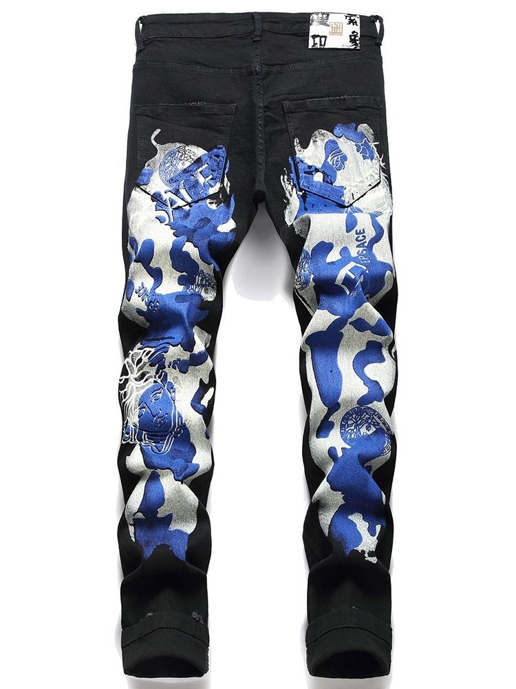 Print Rak Bokstav Dragkedja Mid Waist Jeans