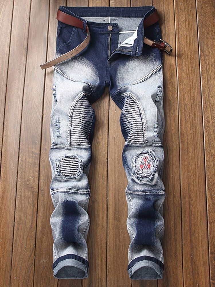 Rak Färg Block Patchwork Mid Waist European Slim Jeans För Män