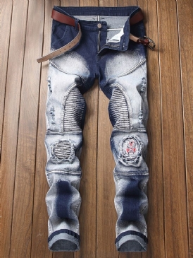 Rak Färg Block Patchwork Mid Waist European Slim Jeans För Män