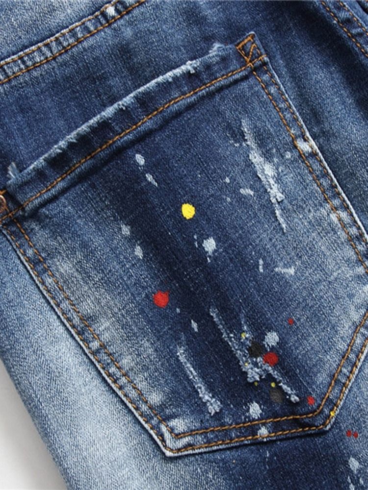 Straight Paint Splatters Casual Button Jeans