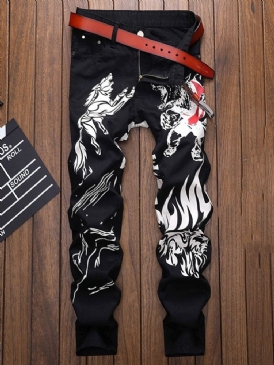 Straight Print Zipper European Jeans