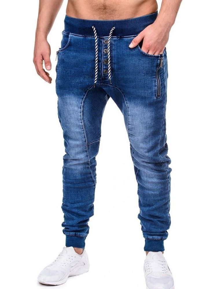 Vanlig Dragkedja Pencil Byxor Casual Lace-Up Herr Jeans